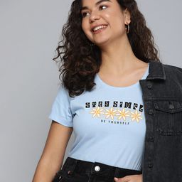 HERE&NOW Women Blue & Yellow Typography Printed Pure Cotton T-shirt-image-94