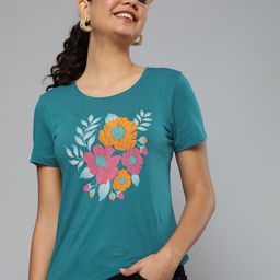 HERE&NOW Women Teal Blue & Orange Floral Printed Pure Cotton T-shirt-image-39