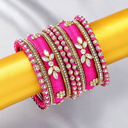 Peora  Set Of 10 Pink Gold-Plated Stone Studded Silk Thread Bangles-70