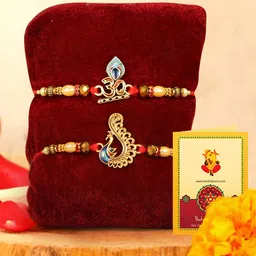 TIED RIBBONS Set of 2 Stoned-Studded Om & Peacock Rakhi with Roli Chawal-17