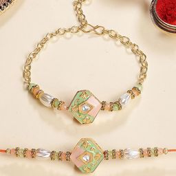 KARATCART Gold Plated Enamel Kundan Bhiya Bhabhi Rakhi with Roli & Chawal-image-10