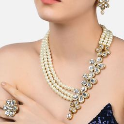 Zaveri Pearls Gold-Plated White Stone-Studded & Pearl-Beaded Multistrand Jewellery Set-28
