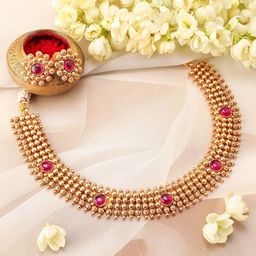 Rubans 22K Gold-Plated Ruby Pink Studded Traditional Choker Necklace Set with Gold Beads-3