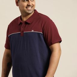 Sztori Men Plus Size Navy Blue & Maroon Colourblocked Polo Collar Pure Cotton T-shirt-picture-1