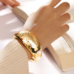 Rubans 18K Gold Plated Hammered Bangle Bold Statement Bracelet-image-78