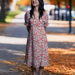 Zink London Floral Printed Sweetheart Neck Puffed Sleeves A-Line Midi Dress-image-96
