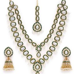 Peora Gold-Plated Green Kundan & Beads Studded Jewellery Set-image-39