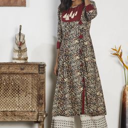 YASH GALLERY Women Off-White & Maroon Printed Anarkali Kurta-20
