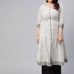 YASH GALLERY Plus Size Women Off-White & Grey Checked A-Line Kurta-8