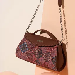 ZOUK Bhuj Rabari Abstract Printed Structured Jute Sling Bag with Cut Work-2