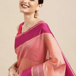 Leeza Store Peach-Coloured & Magenta Checked Zari Silk Blend Mangalagiri Saree-4