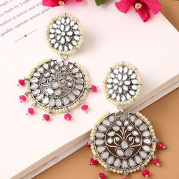 Yellow Chimes Silver-Toned Long Mirror Studded Pearl Drop Dangler Earrings-image-90
