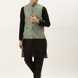 SOJANYA Men Green & Black Ethnic Motifs Jacquard Kurta and Churidar with Nehru Jacket-15
