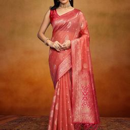 Anouk Peach Coloured & Gold Toned Ethnic Motifs Woven Design Zari Satin Banarasi Saree-2