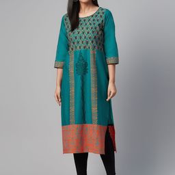 Akshatani Women Teal Green & Orange Ethnic Motifs Hand Block Print Straight Kurta-23