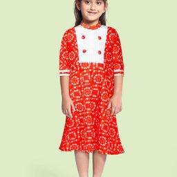 Eimoie Orange & White Pure Cotton Ethnic Motifs A-Line Dress-image-94