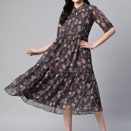 SERONA FABRICS Floral Print Puff Sleeves Tiered Georgette A-Line Midi Dress-image-77