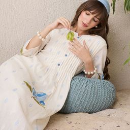 Indo Era Floral Printed Notch Neck Pure Cotton A-Line Kurta With Trousers-picture-49