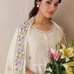 Indo Era Women Floral Printed Regular Beads and Stones Pure Cotton Kurta Set-image-61