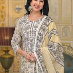 Varanga Women Paisley Printed Regular Beads and Stones Pure Cotton Kurta with Trousers & With Dupatta-46