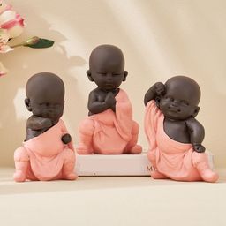Home Centre Corsica Brown & Pink 3 Pieces Kung Fu Mini Monks Showpiece-66