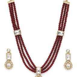 Peora Gold Plated Maroon Crystal & Beads Studded Long Necklace Set-image-49