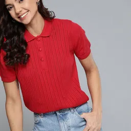 Mast & Harbour Women Red Self-Design Pure Cotton Polo Collar T-shirt-picture-20