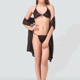 Romaisa Women Black Satin Solid Above knee length Robe with Bra and Thong-image-2