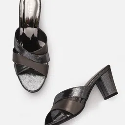 Anouk Gunmetal-Toned Solid Criss Cross Party Open Toe Block Heels-image-2