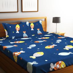 Home Sizzler Kids Navy Blue Cartoon Characters Microfibre 210TC Queen Bedsheet & Pillow Covers-49