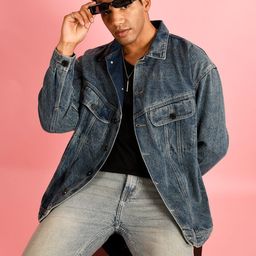 Bene Kleed Men Solid Spread Collar Washed Pure Cotton Denim Jacket-picture-23