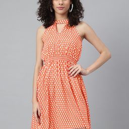 Wabii Women Orange & Beige Printed Halter Neck Blouson Dress-image-6