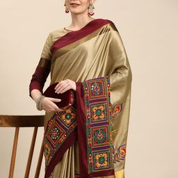 RAJGRANTH Ethnic Motifs Kutchi Embroidery Silk Cotton Heavy Work Banarasi Saree-image-18