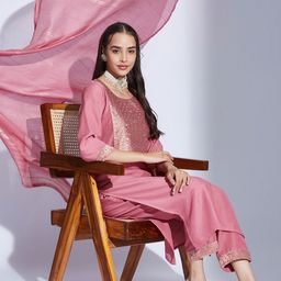 SANISA Floral Woven Design Round Neck Straight Chinon Kurta With Trousers & Dupatta-picture-23