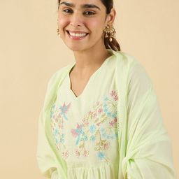 Indo Era Floral Embroidered V Neck A Line Pure Cotton Kurta With Trousers & Dupatta-image-98