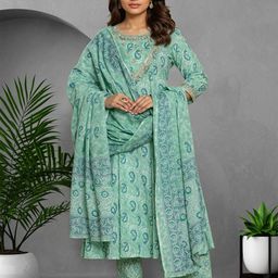 Rangita Women Paisley Embroidered Regular Pure Cotton Kurta with Trousers & With Dupatta-image-94