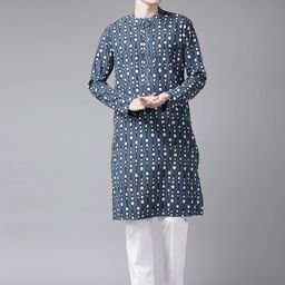 See Designs Men Navy Pure Cotton Printed Regular Kurta with Trousers-picture-30