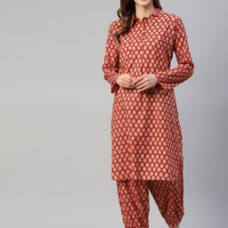 Divena Women Maroon Ethnic Motifs Printed Pure Cotton Kurta with Harem Pants-picture-39