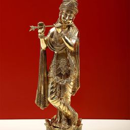 Exotic India Gold Toned Lord Krishna Playing Flute on Lotus Pedestal Showpiece-image-65