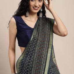 Shaily Navy Blue & White Ethnic Print Zari Silk Cotton Saree-image-7