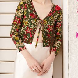 DressBerry Playful Holiday Floral Printed Tie-Up Front Open Crop Top-0