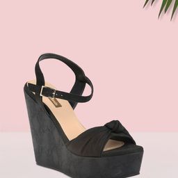 Flat n Heels Black Suede Wedge Sandals With Ankle Loop & Bow Detail-37