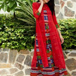 Pannkh Women Red & Navy Blue Printed Top with Palazzos & Long Sheer Shrug-13