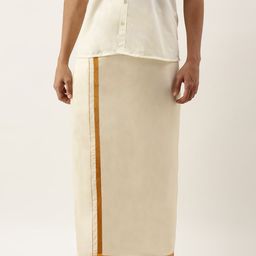 THANGAMAGAN Men Off-White & Golden Solid Handloom Dhoti with Zari Border-image-64