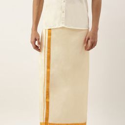 THANGAMAGAN Men Off-White & Golden Solid Handloom Dhoti with Zari Border-image-65