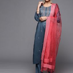 Varanga Women Blue Ethnic Motifs Embroidered Thread Work Kurta with Trousers & With Dupatta-50