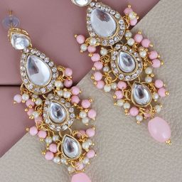 LUCKY JEWELLERY Gold-Plated Kundan-Studded Leaf Shaped Drop Earrings-image-91