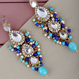 LUCKY JEWELLERY Gold-Plated Kundan-Studded Leaf Shaped Drop Earrings-image-48