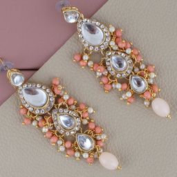 LUCKY JEWELLERY Gold-Plated Kundan-Studded Leaf Shaped Drop Earrings-image-90