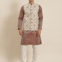 SOJANYA Men Maroon Ethnic Motifs Kurta with Churidar & Nehru Jacket-25